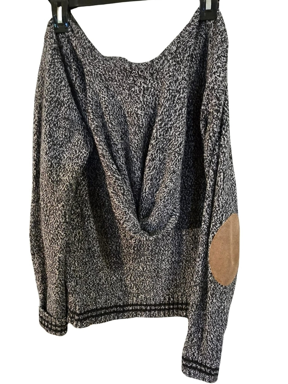 Cozy Black & White Marled Sweater with Tan Elbow Patch